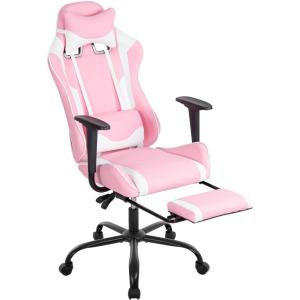 imageBestOffice Ergonomic Office PC Gaming Desk Chair Executive PU Leather Computer Lumbar Support with Footrest Modern Task Rolling Swivel Chair for Women MenWhitePink