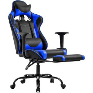 imageBestOffice Ergonomic Office PC Gaming Desk Chair Executive PU Leather Computer Lumbar Support with Footrest Modern Task Rolling Swivel Chair for Women MenWhiteBlue