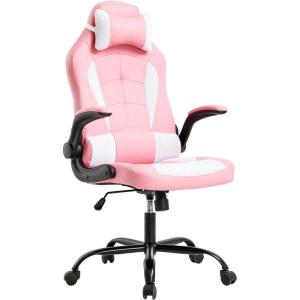 imageBestOffice PC Gaming Chair Ergonomic Office Chair Desk Chair with Lumbar Support Flip Up Arms Headrest PU Leather Executive High Back Computer Chair for Adults Women Men WhitePink
