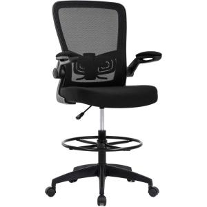 imageDrafting Chair Tall Office Chair Adjustable Height with Lumbar Support Flip Up Arms Footrest Mid Back Task Mesh Desk Chair Computer Chair Drafting Stool for Standing Desk BlackBlack